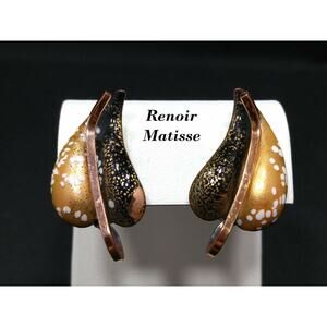 Vintage Matisse Renoir Copper Enameled Clip On Earrings, Copper Black & White